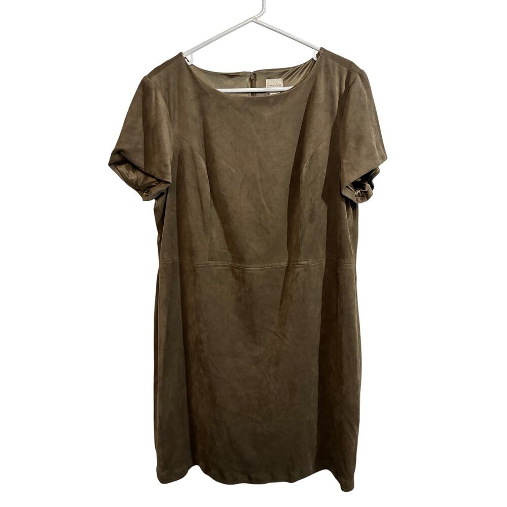 Chicos Faux Suede Shift Dress Brown Short Sleeve Minimalist Career Midi Size 2.5